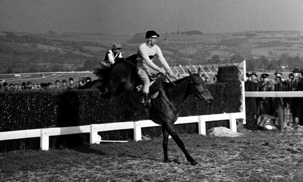 Arkle the horse jumping a fence.  Black and White photo